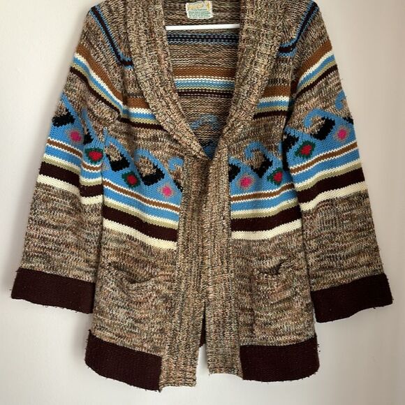 Vintage 1970’s waves boho stripped bell sleeve cardigan open front sweater med - Picture 3 of 7